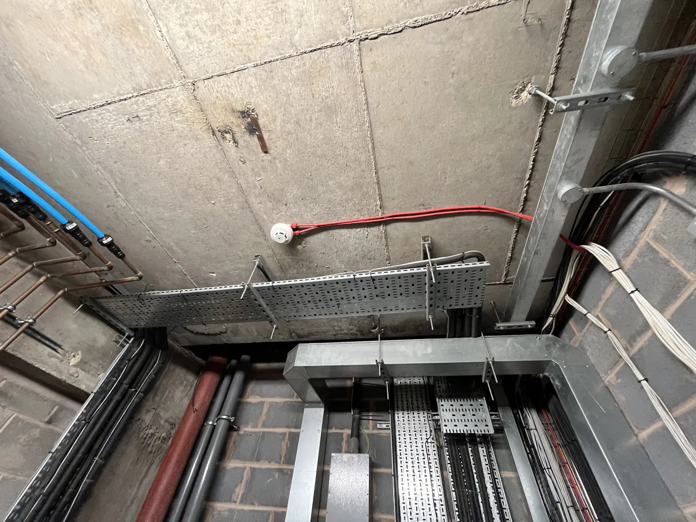 Plant room with cable tray, steel trunking and a ceiling smoke detector wired in red fire-resistant cable