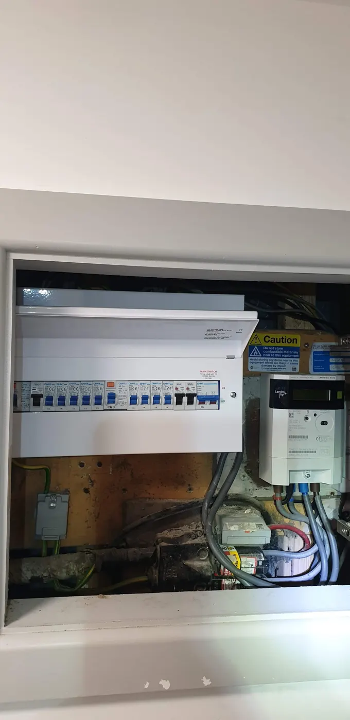 New consumer unit fitted in the same hallway cupboard