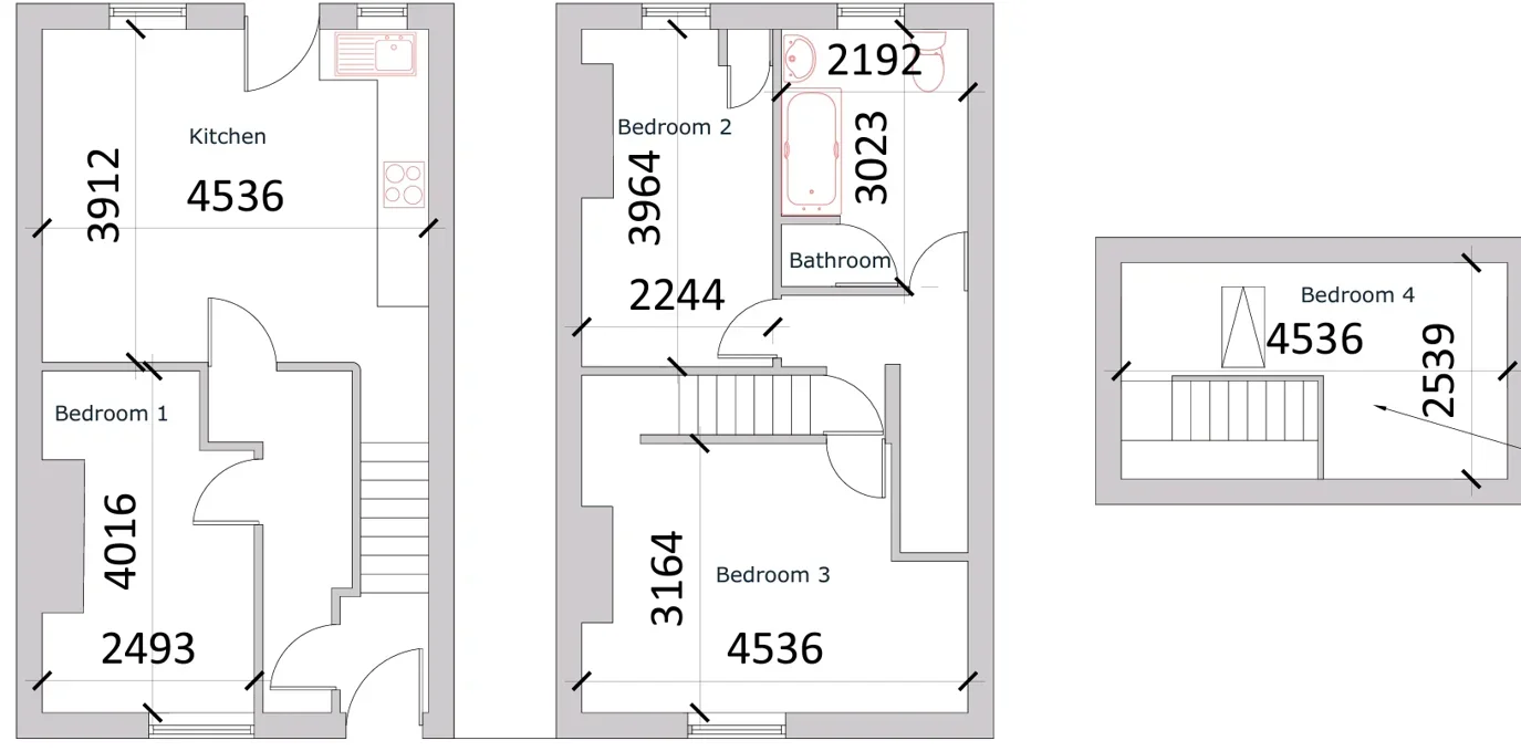 Floor plan of a four-bedroom terraced house conversion with kitchen, bathroom and loft bedroom