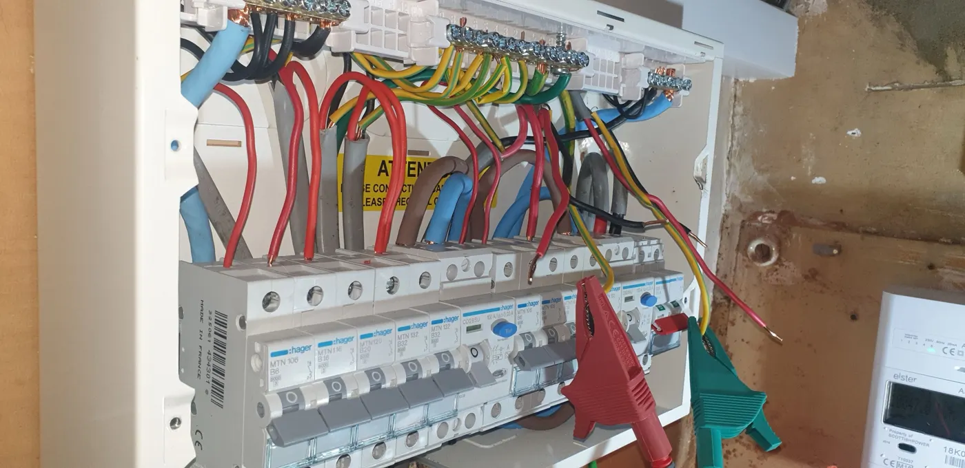 Test leads on a consumer unit