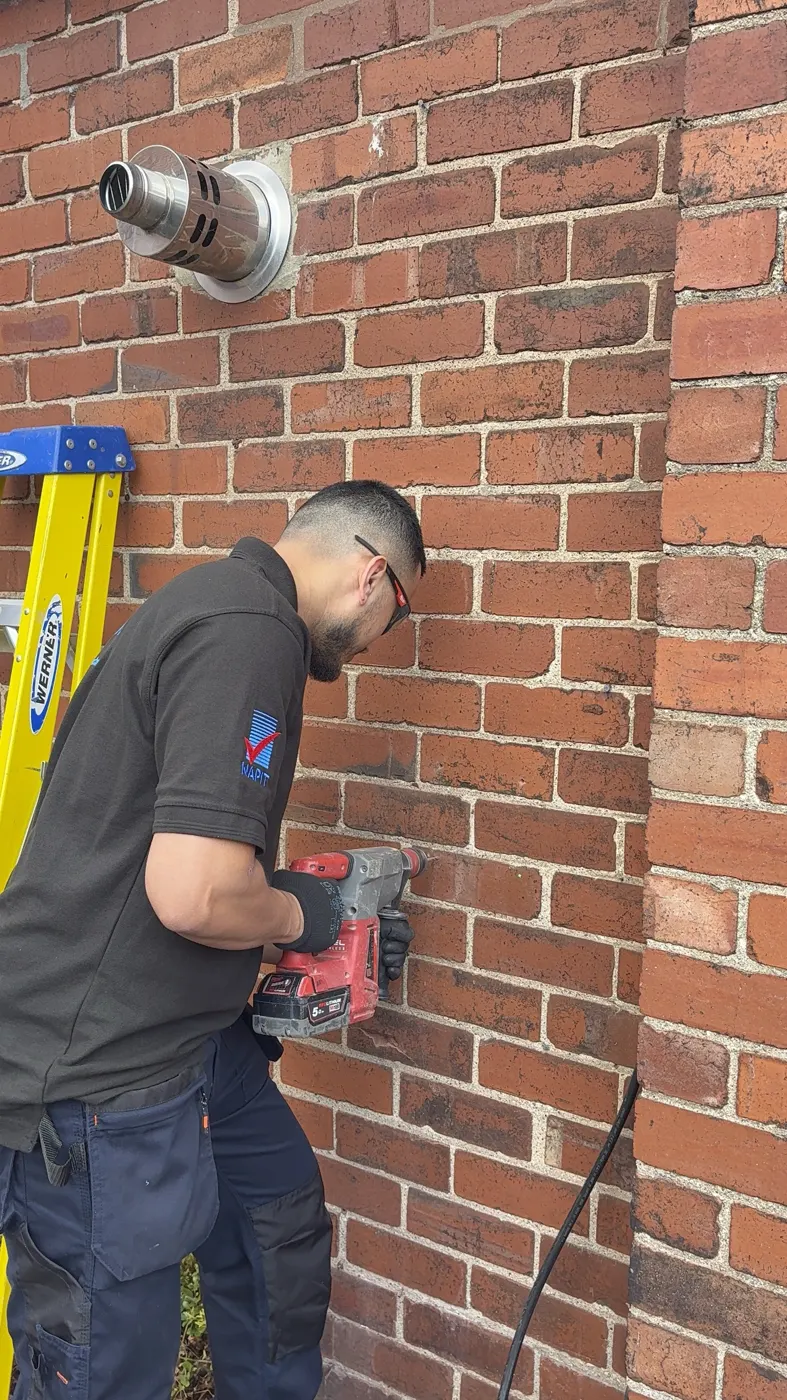 Electrician drilling a brick wall for the charger cable
