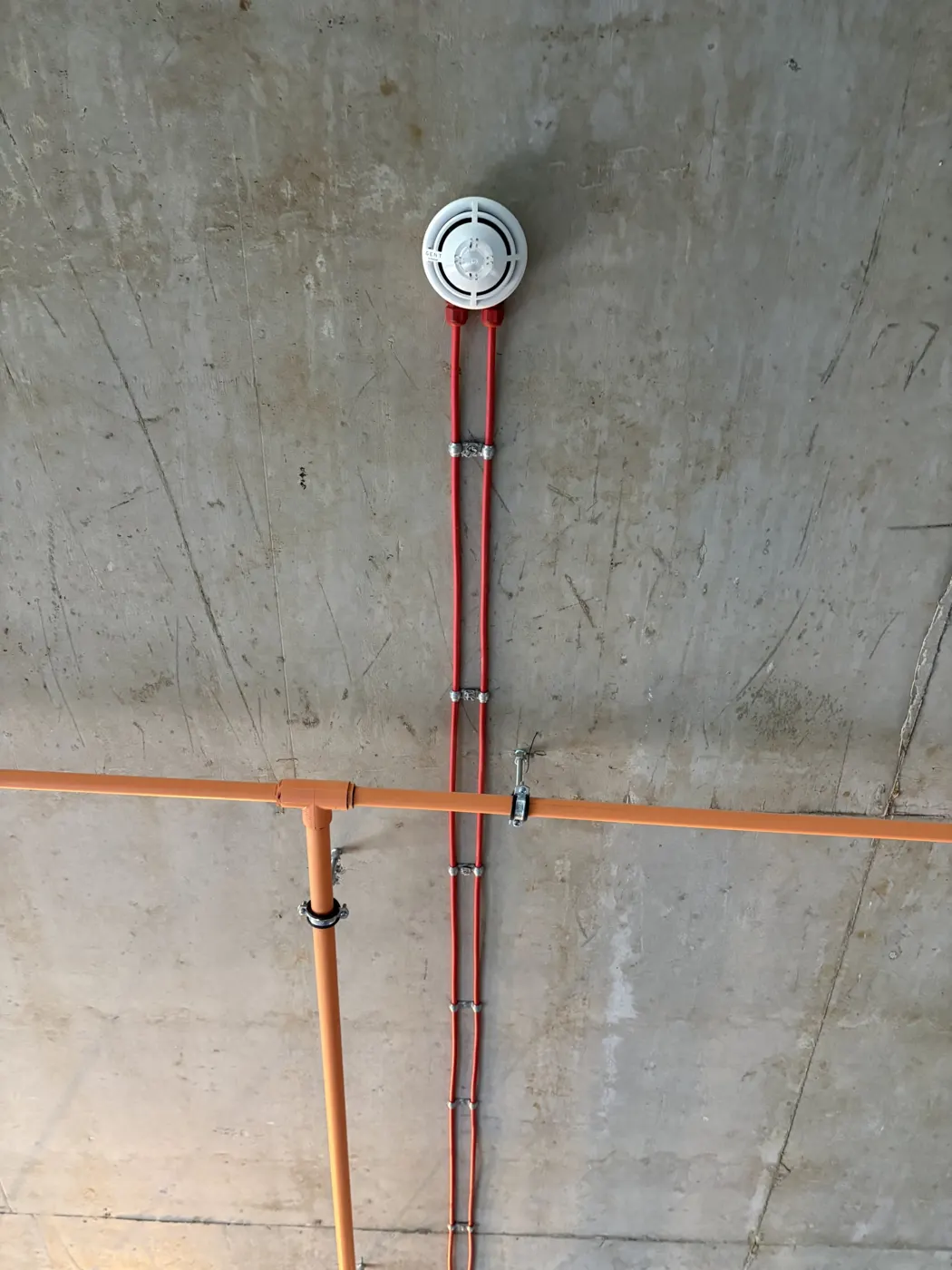 Addressable smoke detector on a concrete ceiling with twin red fire-resistant cables clipped in parallel