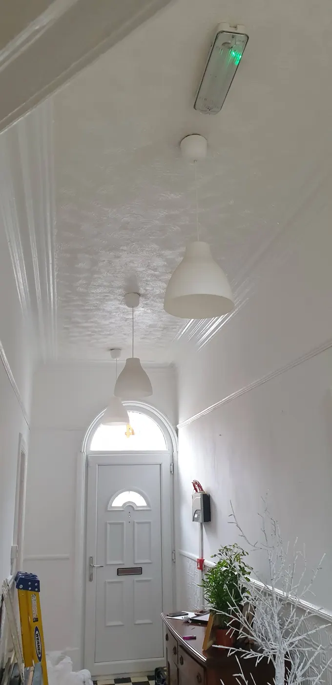 Shared hallway with emergency light fitting and fire alarm panel