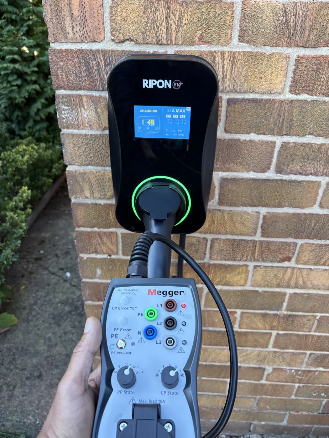 RiponEV charger with display, tested with a Megger EV test adaptor