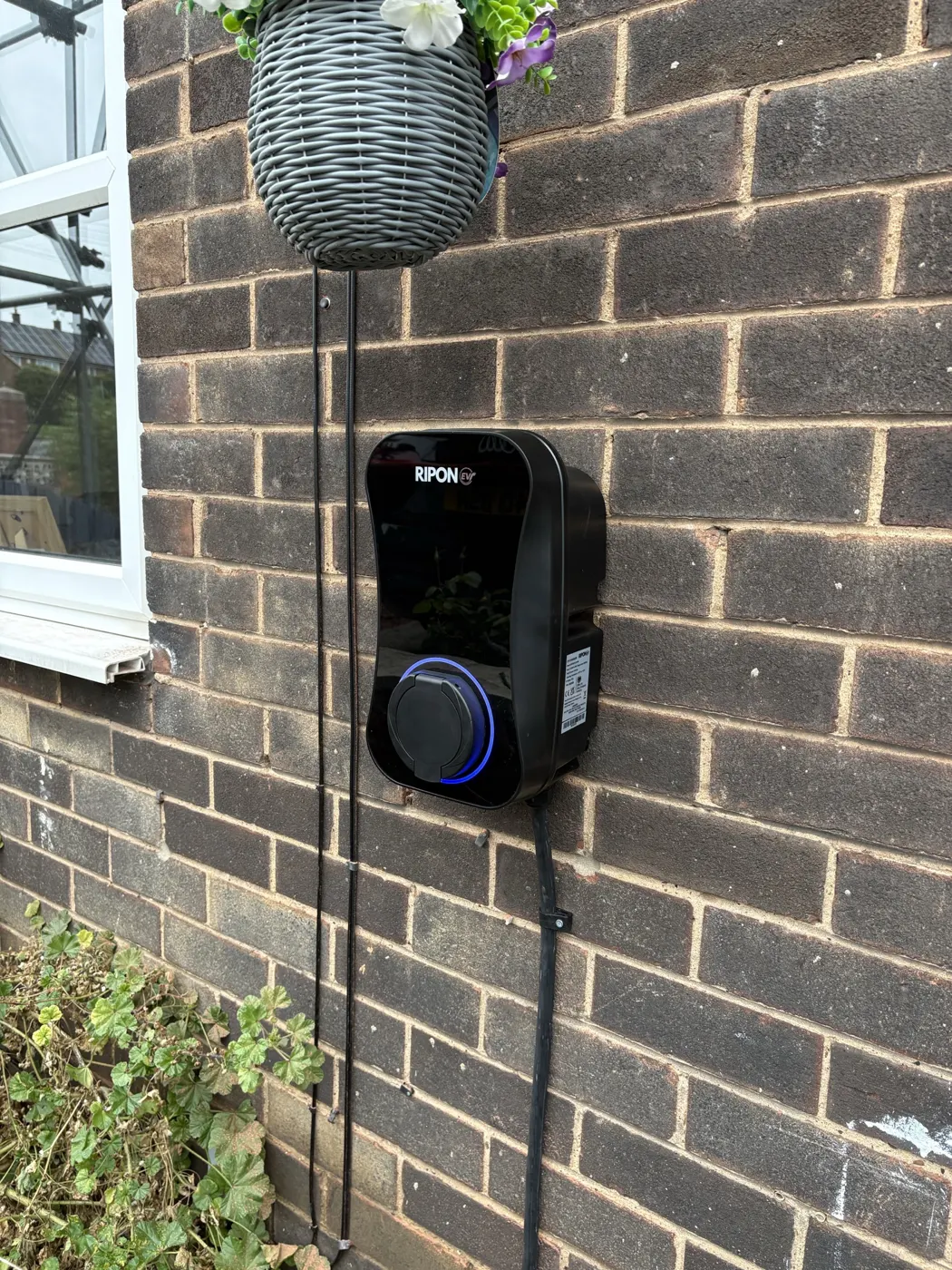 RiponEV charger on dark brick next to a window